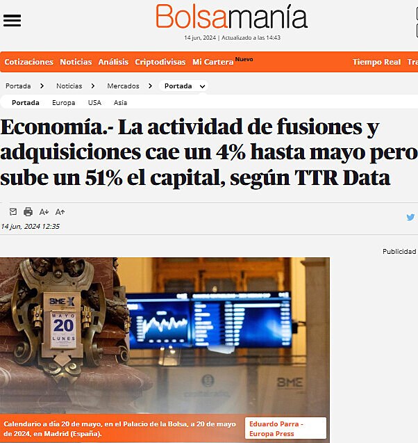 Economa.- La actividad de fusiones y adquisiciones cae un 4% hasta mayo pero sube un 51% el capital, segn TTR Data